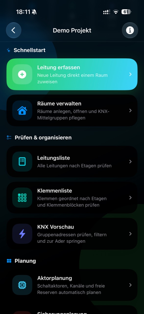 Echte WireLogic Projektansicht mit Schnellstart, Listen, KNX-Vorschau und Planung